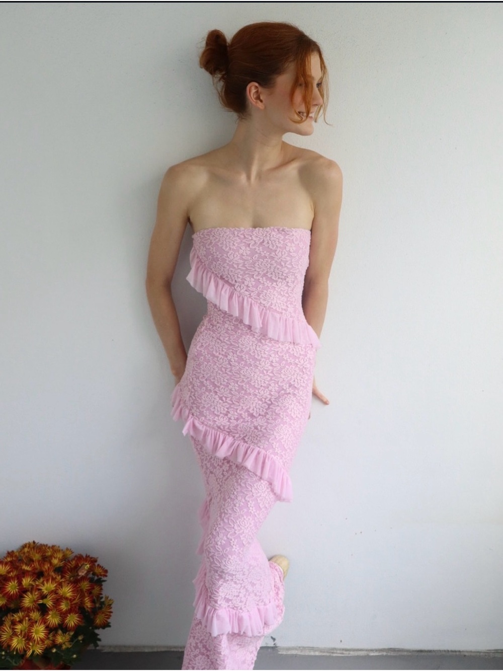 Strapless Pink Lace Maxi Dress with Ruffle Trim